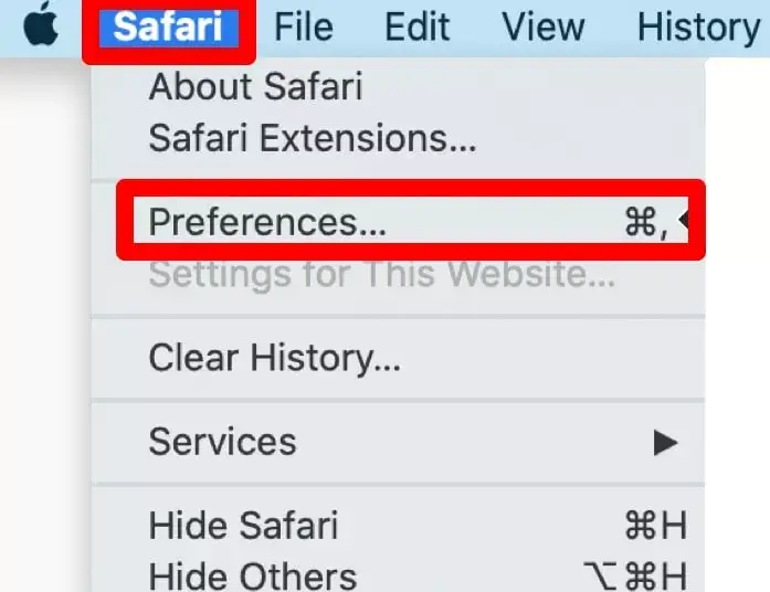 Safari menu and select Preferences